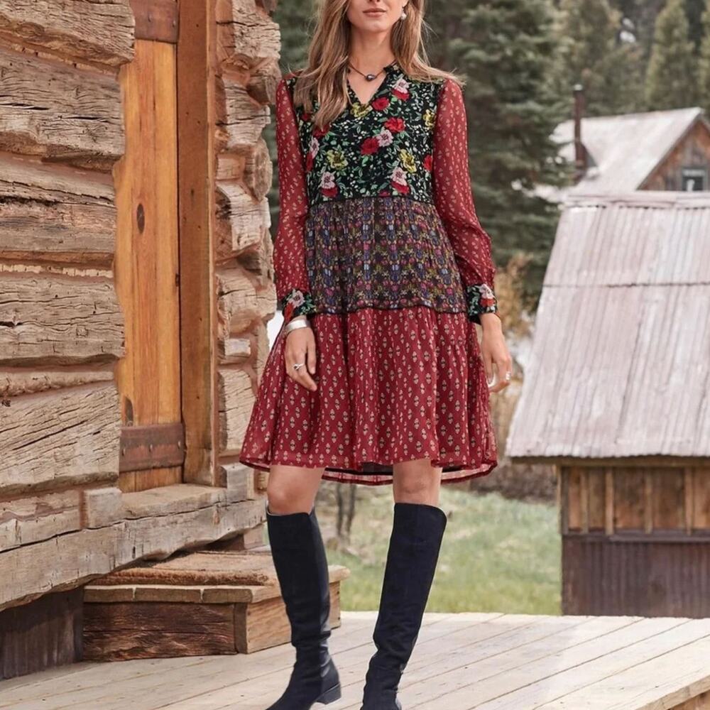 Sundance Patterns of Wonder Patchwork Floral Dress Large Red Black Boho Peasant
